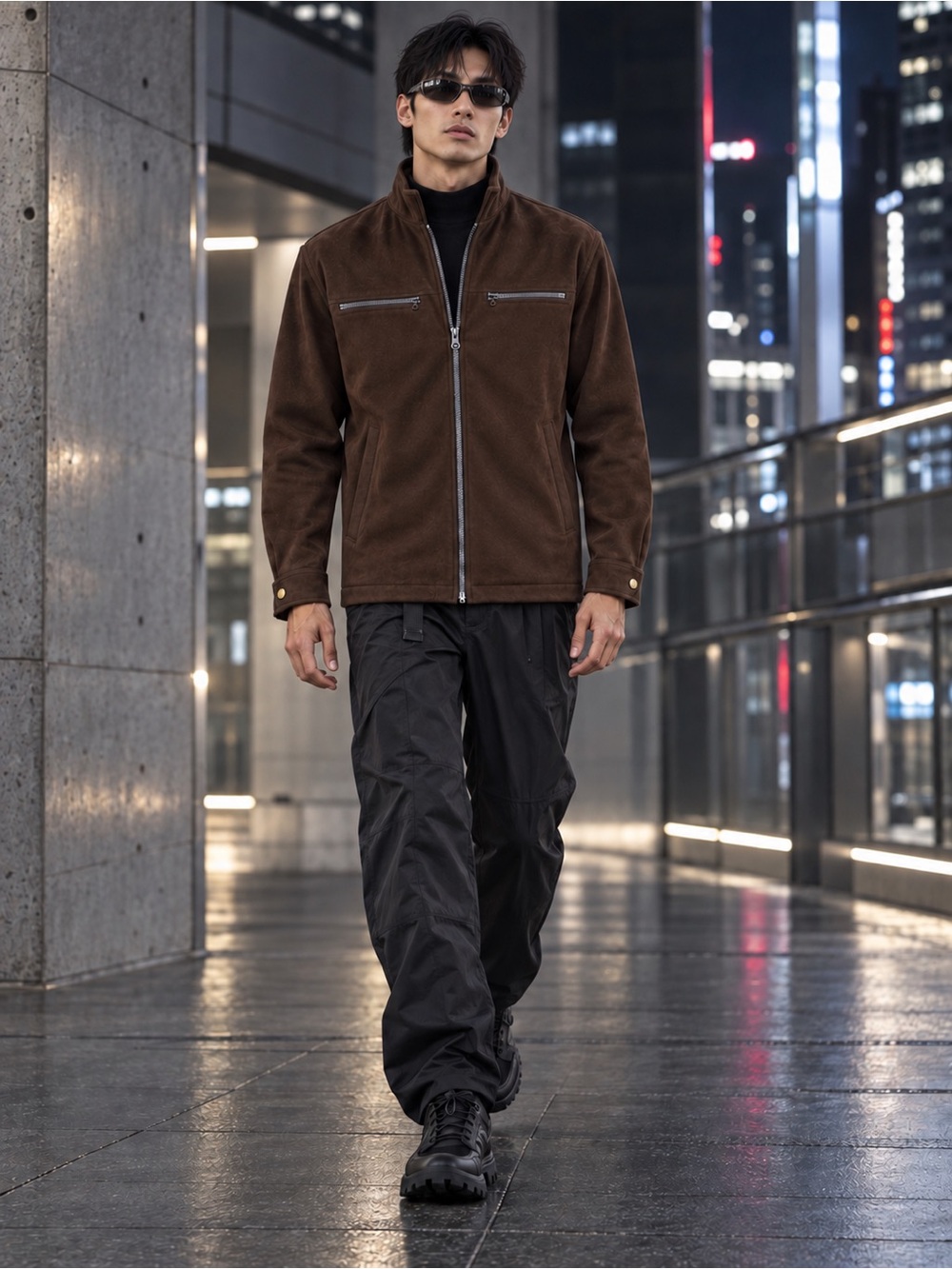 ALF Canada Brown Microfleece Y2K Moto Jacket Exposed Zippers | Men’s Small
